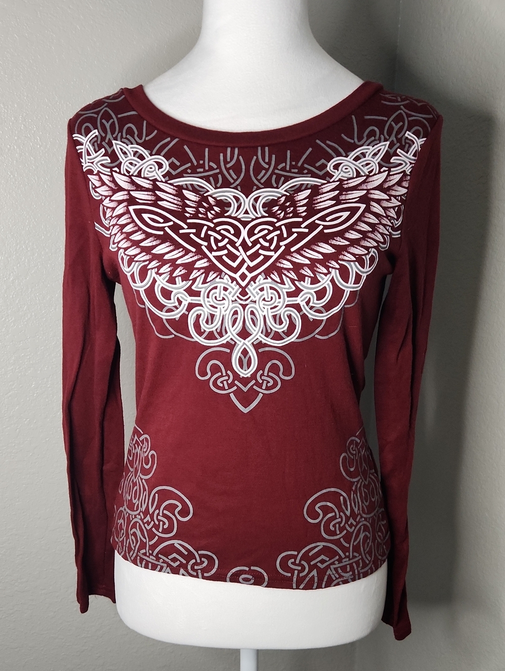 Maroon Long-Sleeve Tee with White Celtic Wing Graphic